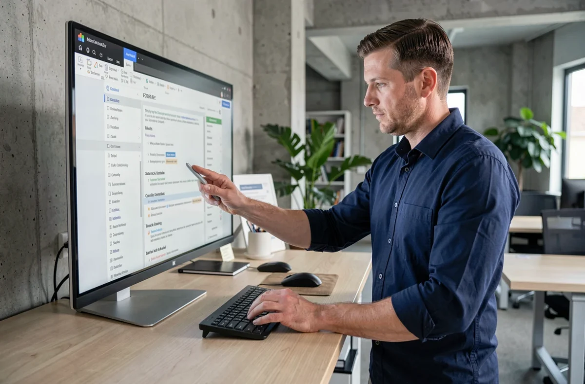 Homme consultant un plan de site sur grand écran dans un bureau moderne en open space