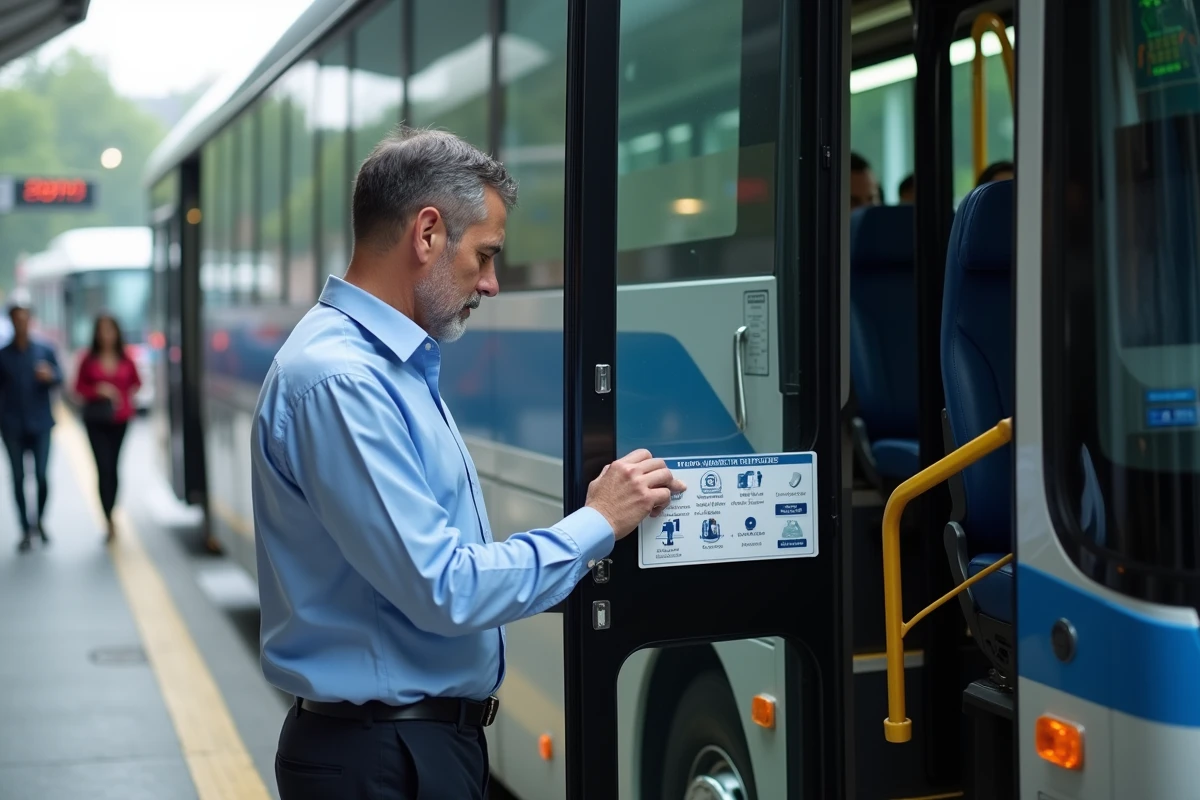 Homme vérifiant une information à la porte d’un bus urbain