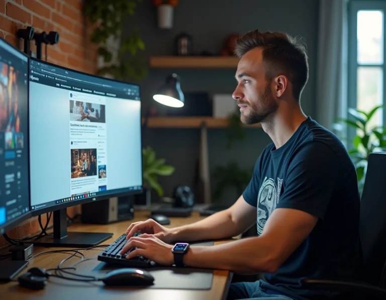 Homme geek dans les années 30 consultant les dernières actualités tech sur un grand écran ultra-wide dans un bureau moderne et bien équipé