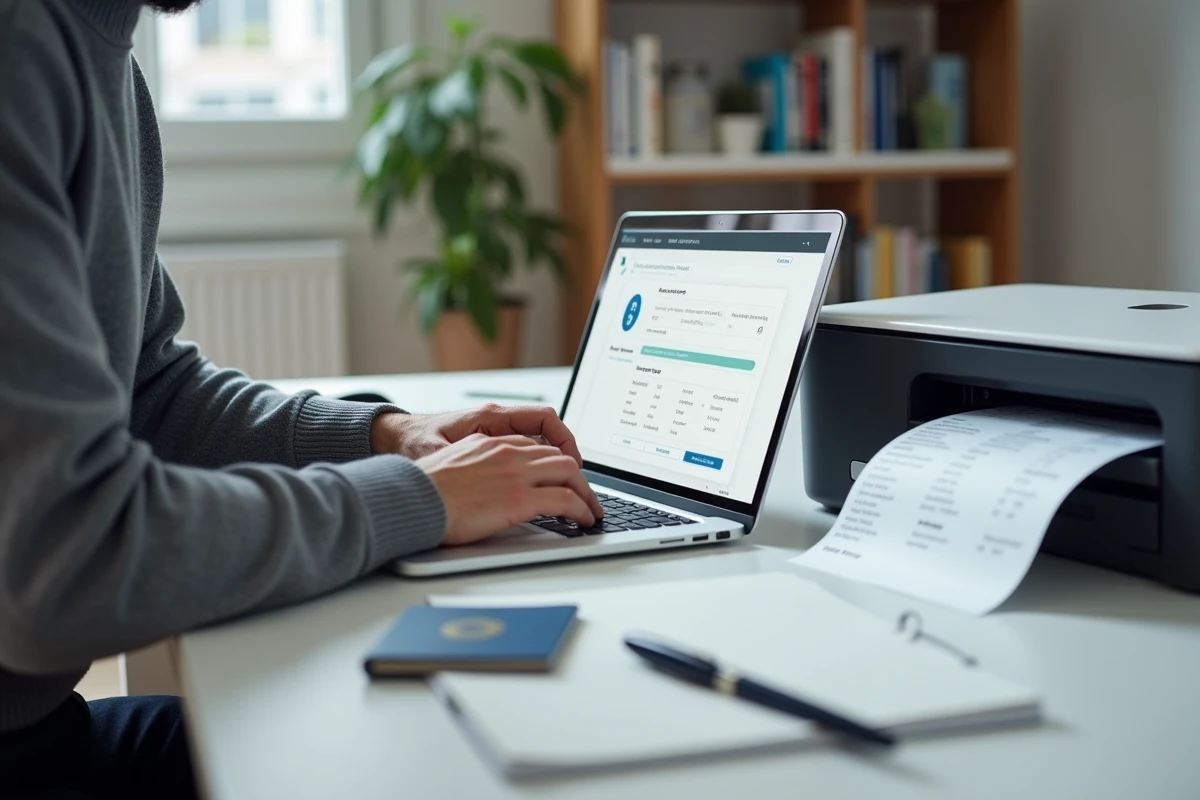 Homme imprimant un modèle d'étiquette valise PDF sur son ordinateur dans un bureau à domicile