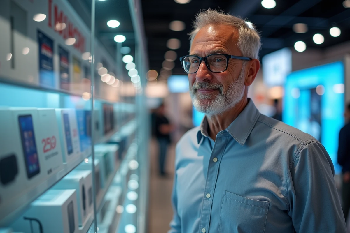 Homme regardant les offres de box internet en magasin