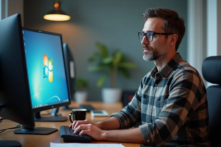 Homme d'âge moyen concentré sur son ordinateur au bureau