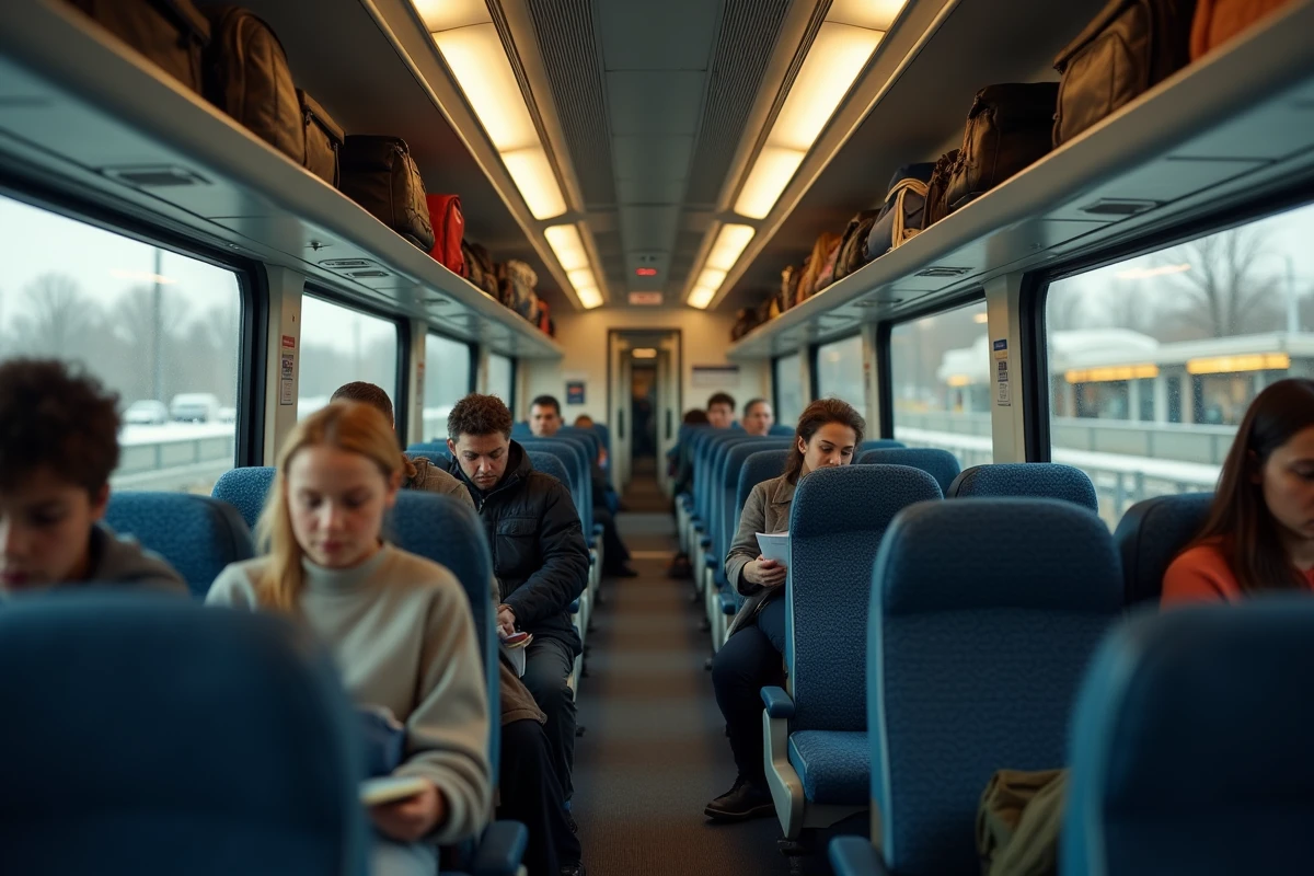 Intérieur d'un train express régional avec des passagers assis pendant le trajet du matin