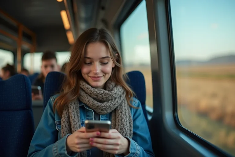 Jeune femme dans un bus moderne utilisant son smartphone