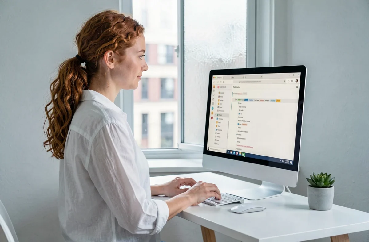 Jeune femme debout devant un ordinateur de bureau explorant le plan du site d'un portail animalier pour une navigation simplifiée