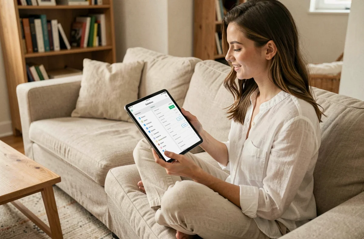 Jeune femme explorant un plan de site web sur tablette confortablement installée dans un salon