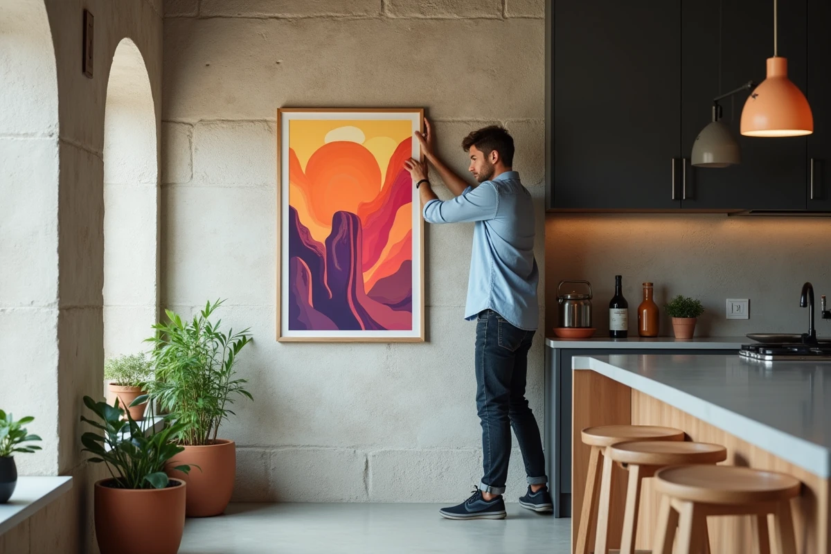 Jeune homme accrochant une œuvre d