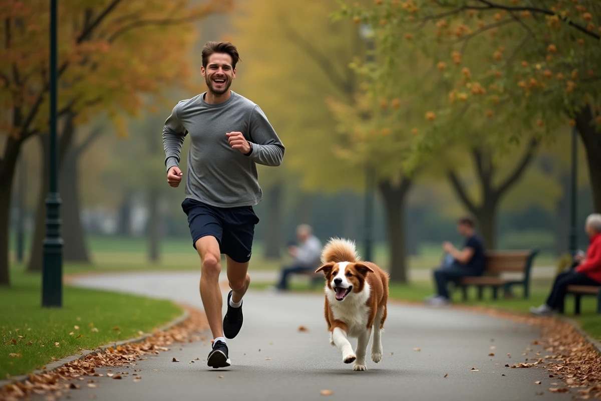 Jeune homme courant avec son chien dans un parc