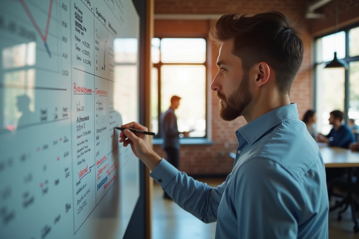 Jeune homme écrit des calculs sur un tableau blanc dans un espace de coworking