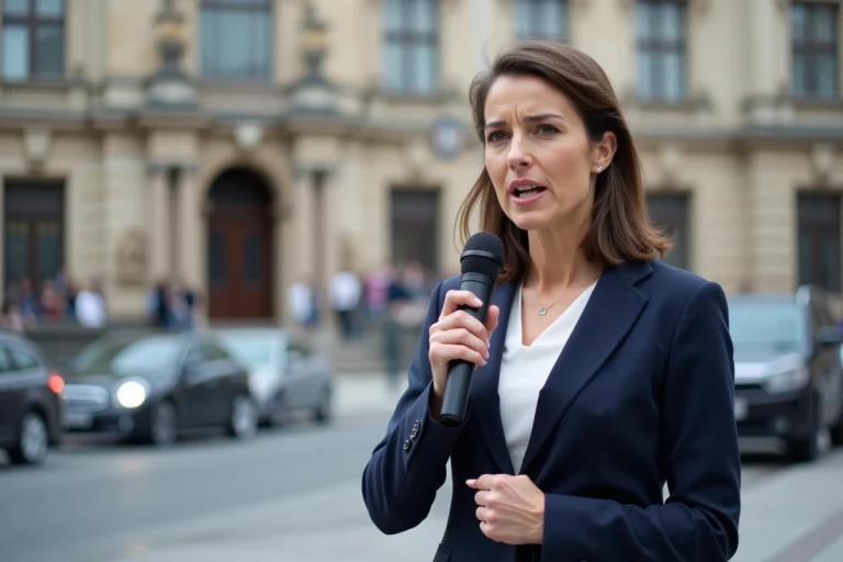 Journaliste locale tenant un microphone devant un hôtel de ville pour un reportage d'actualité régionale en direct