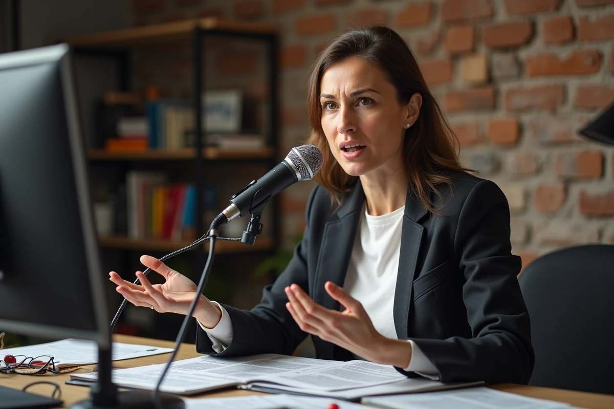 Journaliste engagée enregistrant un podcast d'information alternative dans un studio maison avec microphone professionnel