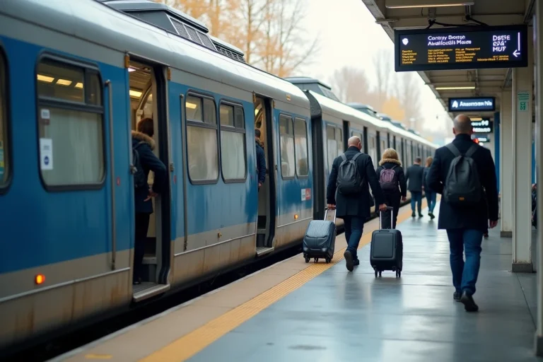 Train de la Ligne Express Régionale en gare de banlieue avec des voyageurs qui embarquent sur le quai