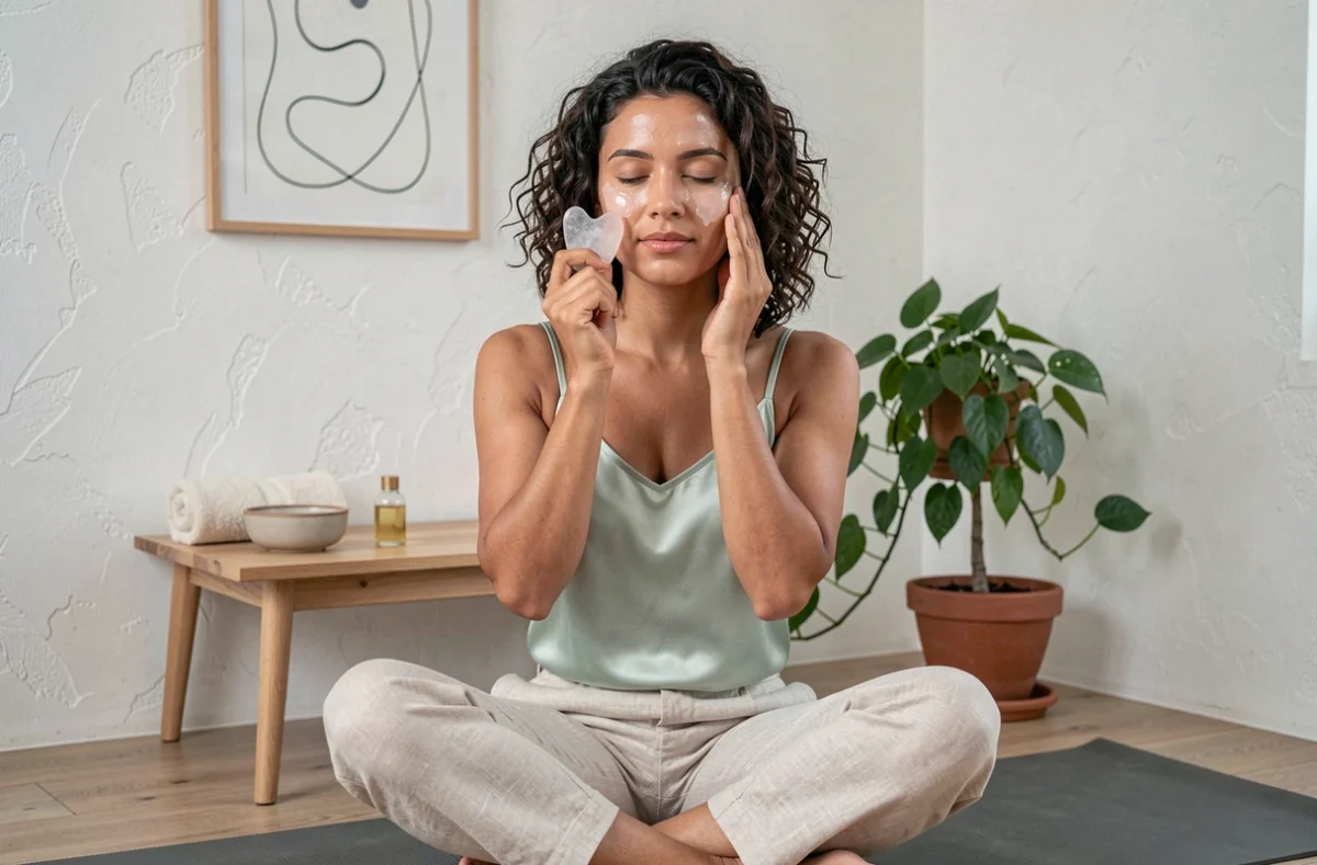 Jeune femme pratiquant un massage du visage au gua sha dans un salon minimaliste, soin beauté bien-être
