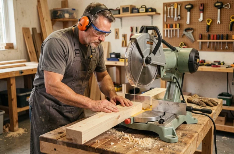 Menuisier utilisant une scie à onglet radiale en atelier avec équipements de protection individuelle