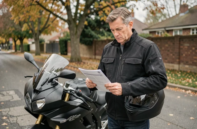 Motard tenant un document d'assurance moto à côté de sa moto garée dans une rue résidentielle