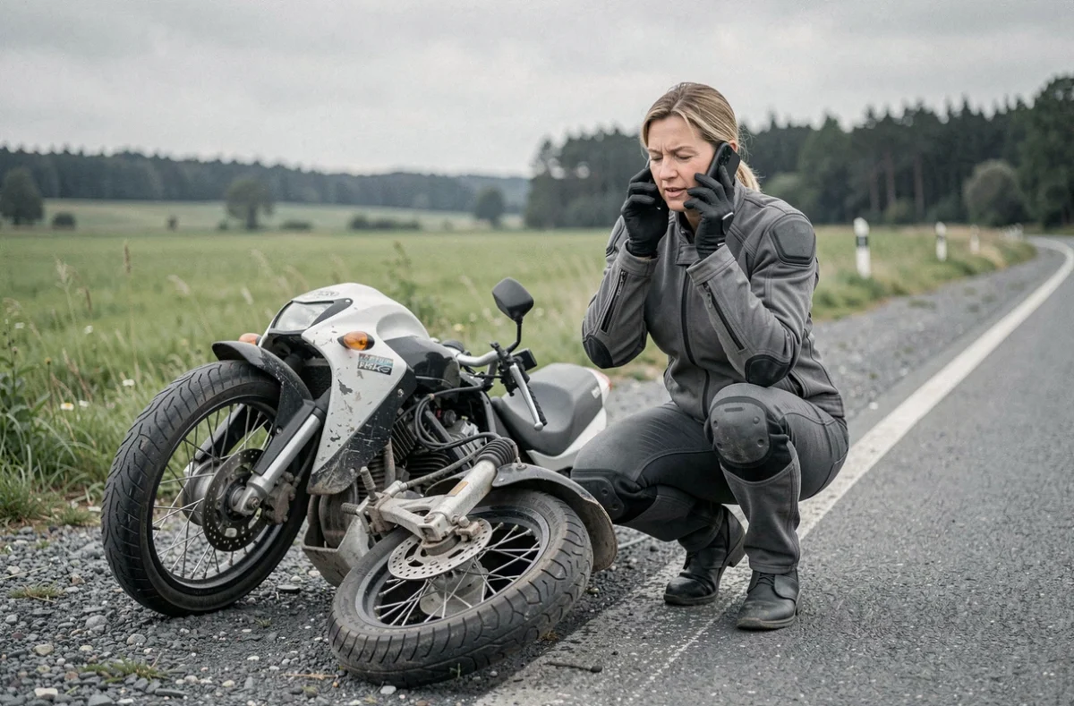 Motarde après un accident sur route de campagne contactant son assurance moto par téléphone