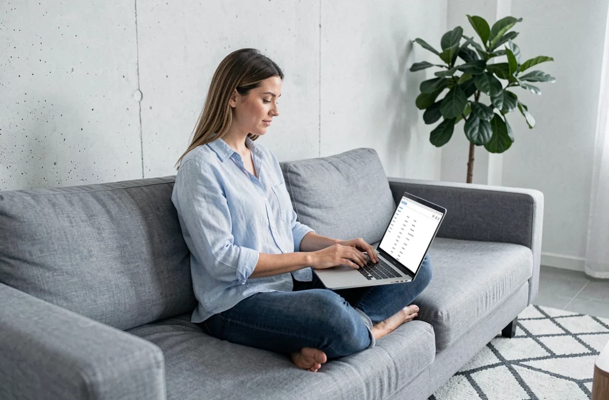 Femme naviguant sur un blog bien organisé depuis son canapé moderne avec un laptop argenté ouvert sur un plan de navigation clair