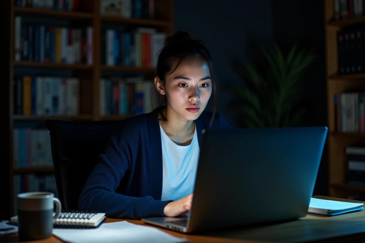 Jeune femme naviguant sur un site de streaming depuis son ordinateur portable dans un bureau à domicile