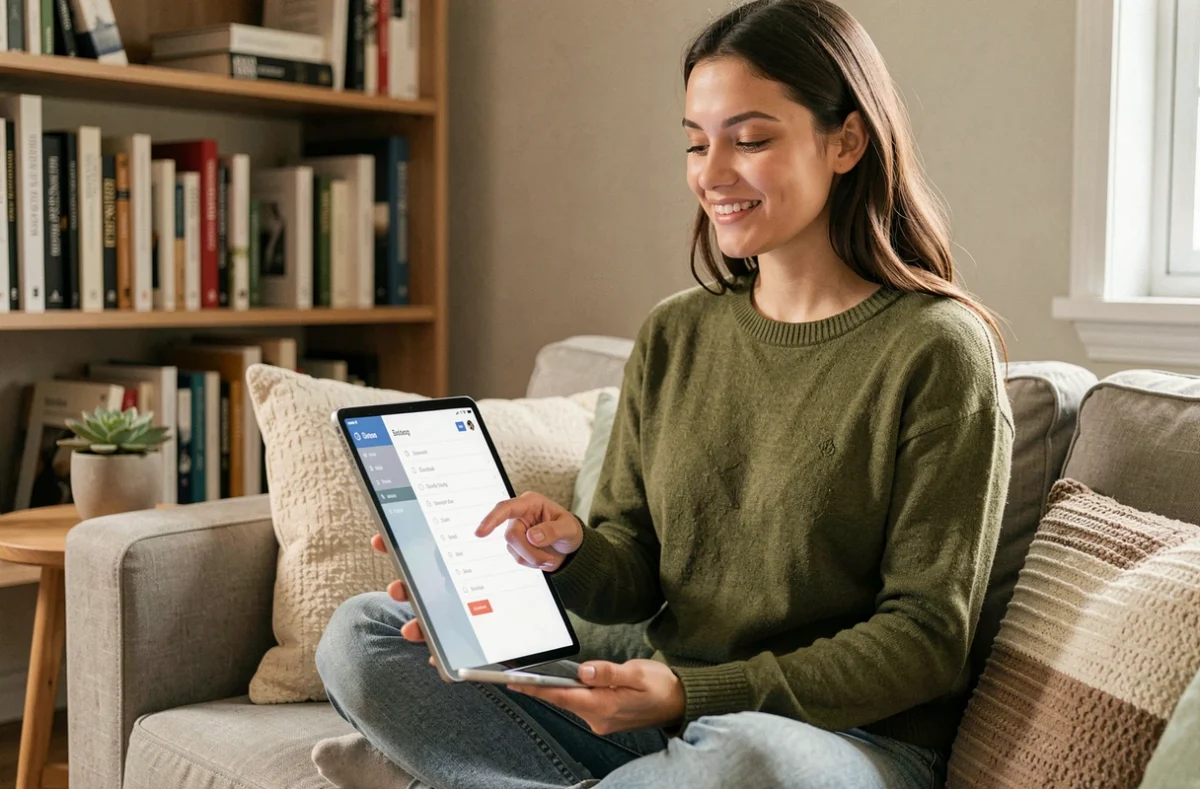 Jeune femme consultant une interface de navigation structurée sur une tablette depuis un bureau à domicile, illustrant la recherche rapide d'informations sur un site web