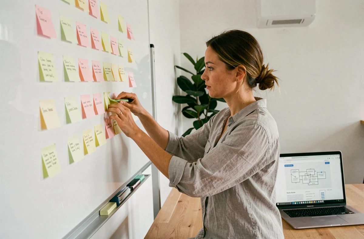 Femme organisant des notes structurées sur un tableau blanc dans un bureau moderne pour illustrer l'architecture de l'information d'un site web