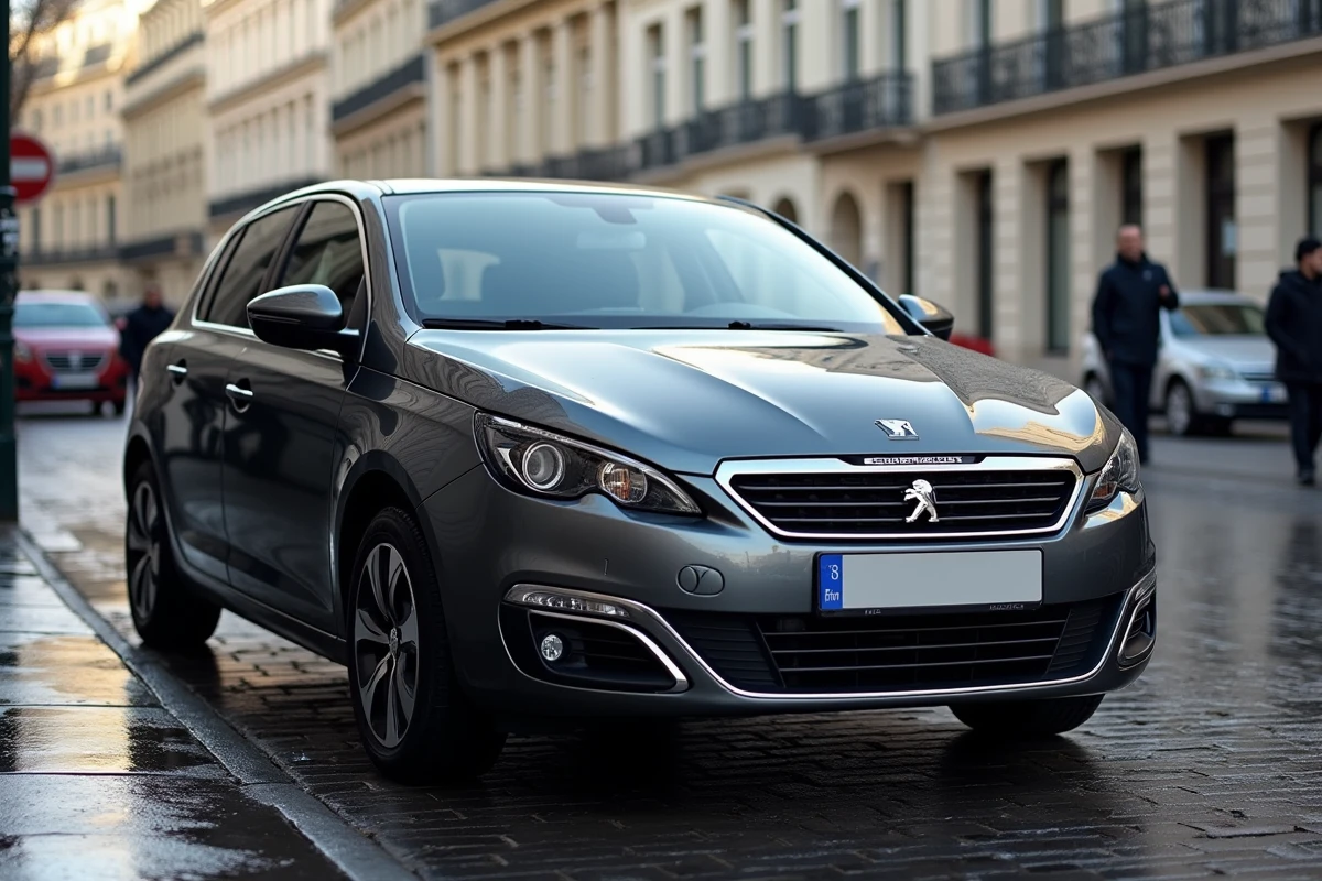 Peugeot 308 gris anthracite métallisé sur pavés mouillés en milieu urbain