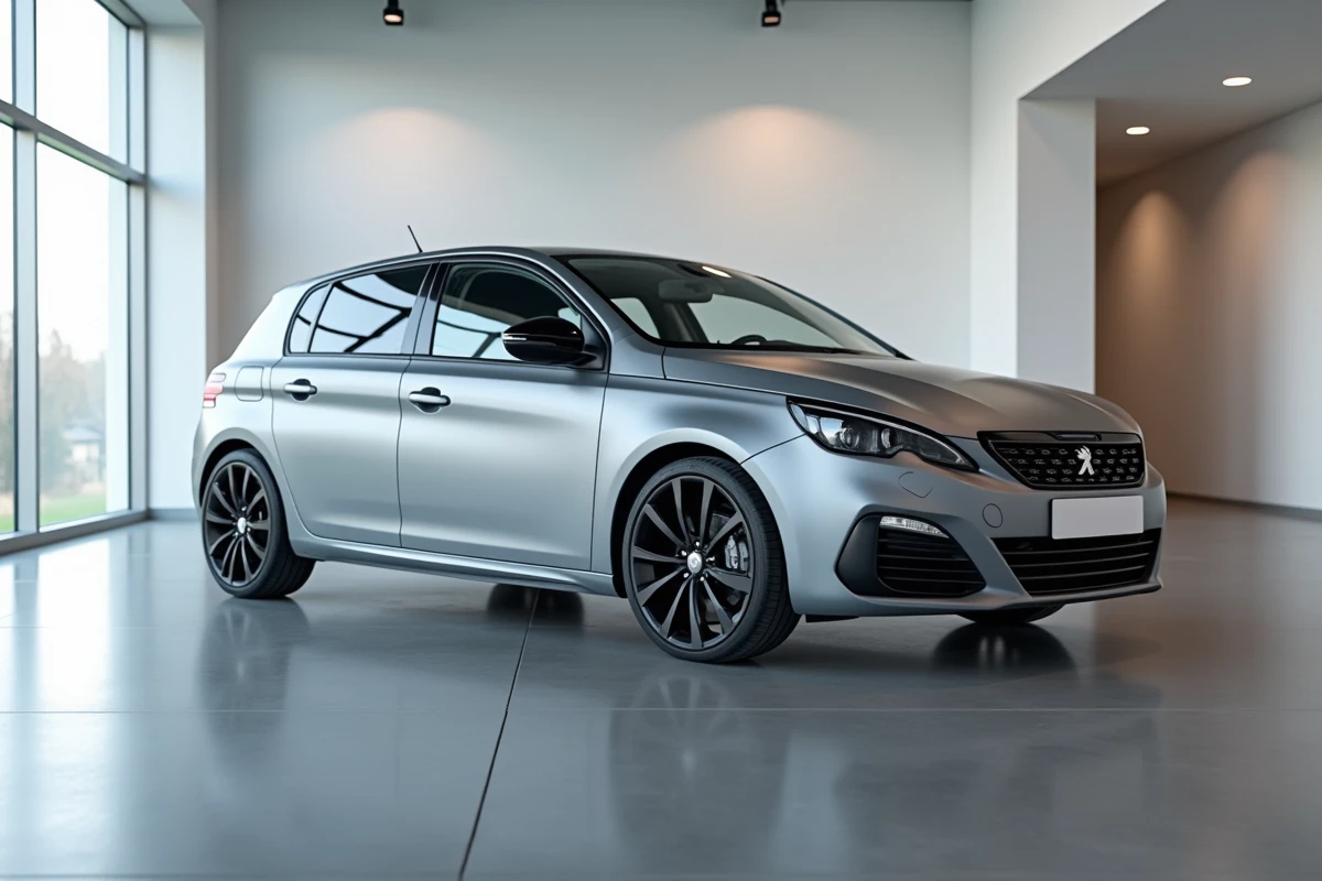 Peugeot 308 gris platine mat en showroom automobile contemporain