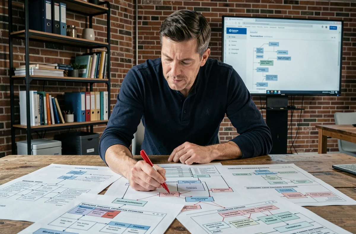 Homme travaillant sur un plan de navigation de site web avec des diagrammes imprimés et des connexions tracées à la main dans un espace de coworking