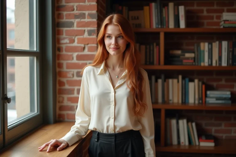 Portrait élégant d'une actrice britannique souriante dans un appartement chaleureux, évoquant la vie personnelle et amoureuse de Sophie Skelton