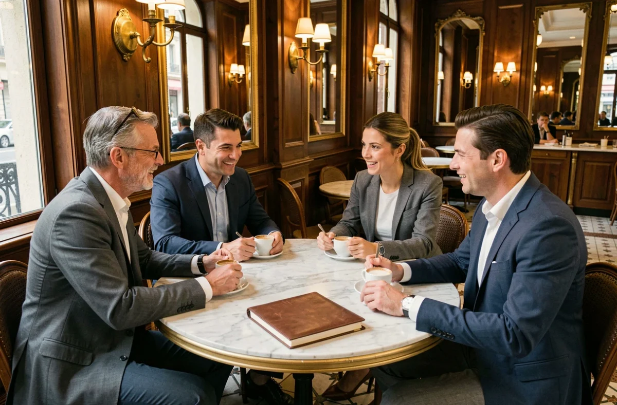 Groupe de professionnels en réunion informelle dans une brasserie chic parisienne autour d'un café