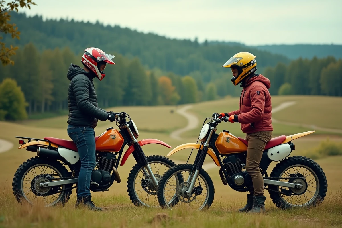 Deux motards vintage discutant à côté de motos tout-terrain