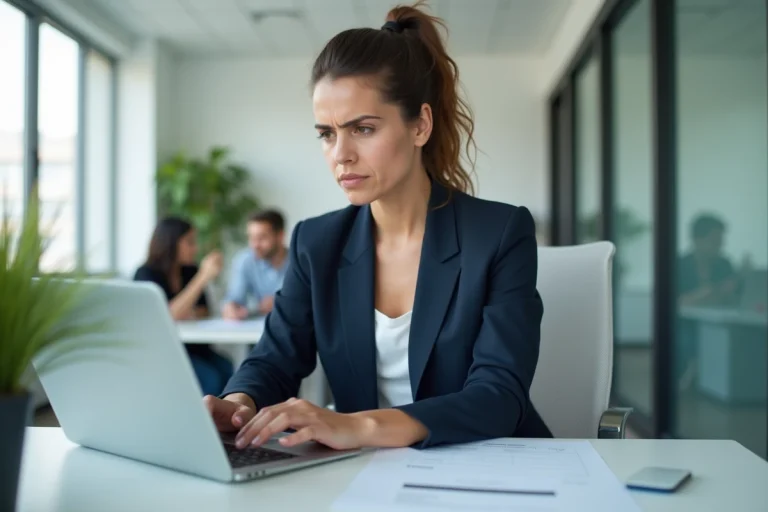 Femme dans un bureau examinant un formulaire de paiement en ligne sans authentification 3D Secure, illustrant les risques de sécurité bancaire en 2025