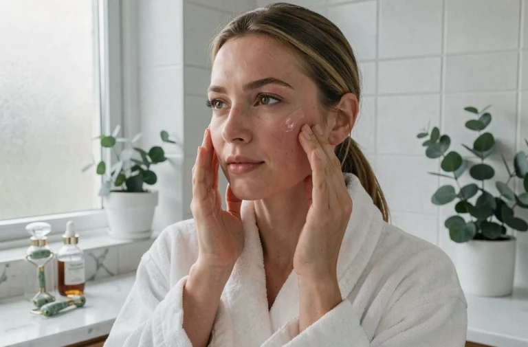 Femme appliquant un sérum sur son visage dans une salle de bain épurée, routine beauté quotidienne