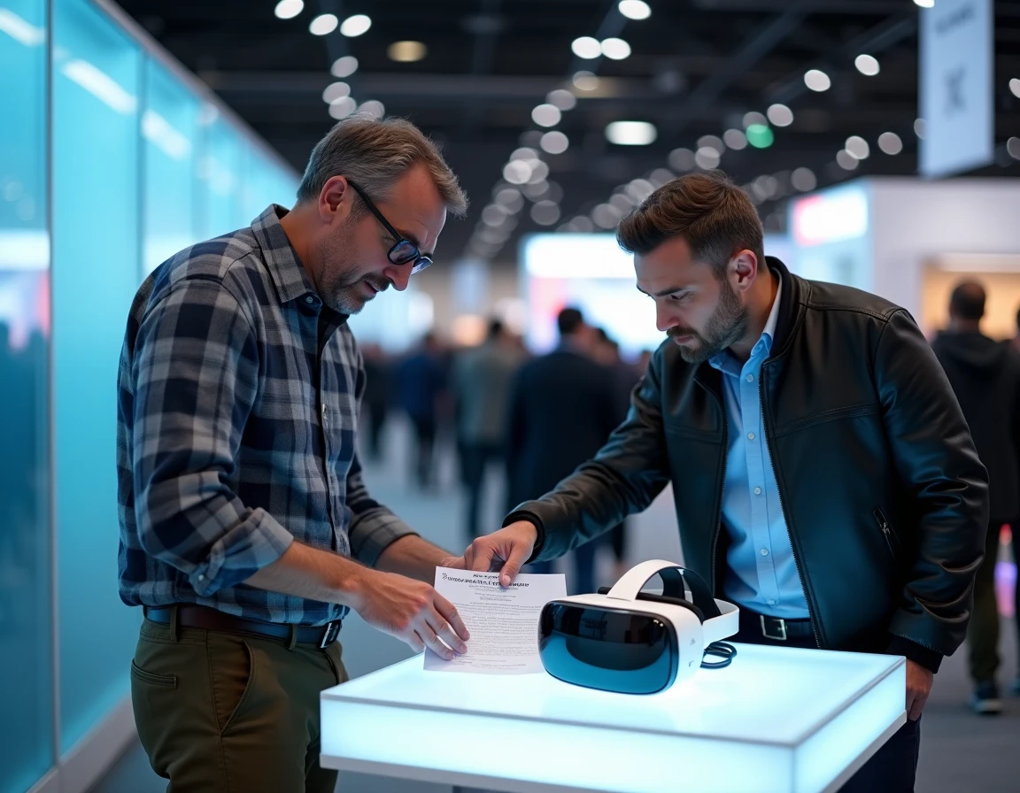 Deux passionnés de technologie examinant un casque de réalité mixte lors d'un salon geek et tech en intérieur