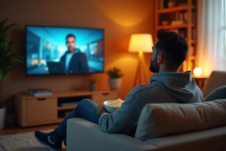 Homme regardant un film en streaming sur sa télévision dans un salon moderne et cosy