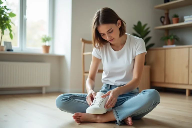 Femme examinant attentivement l'authenticité d'une chaussure de sport en la tenant dans ses mains pour vérifier les détails de fabrication