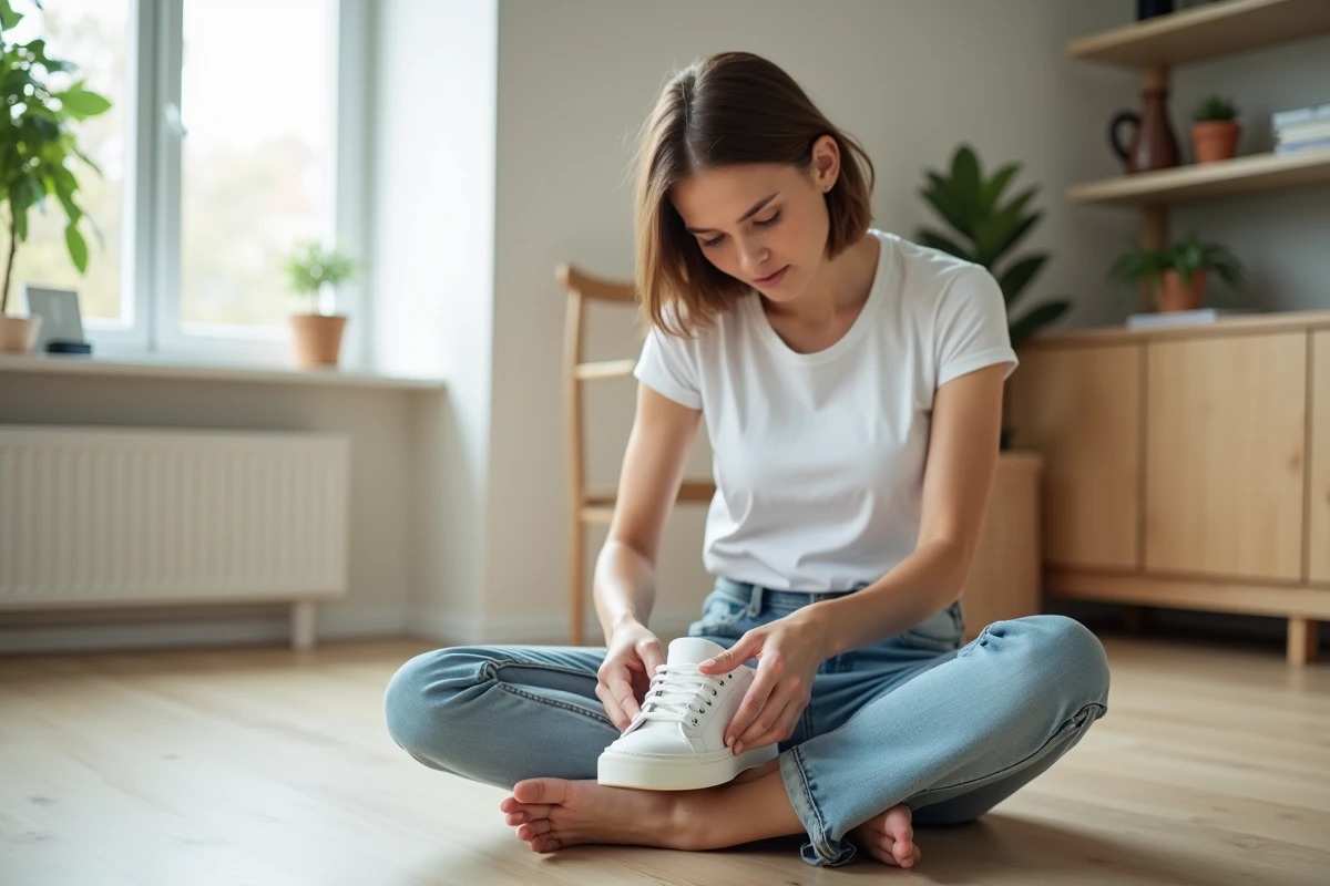 Femme examinant attentivement l'authenticité d'une chaussure de sport en la tenant dans ses mains pour vérifier les détails de fabrication