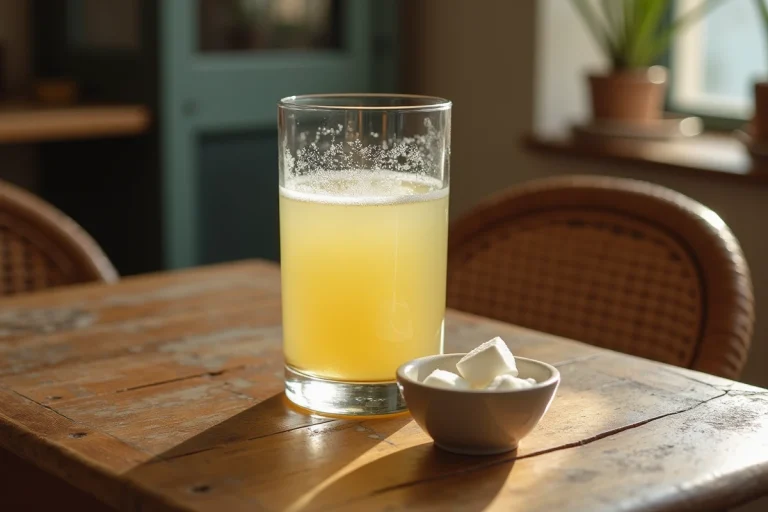 Verre de pastis trouble posé sur une table en bois avec des morceaux de sucre, illustrant la teneur en sucre de cette boisson anisée