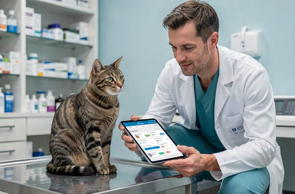 Vétérinaire présentant une comparaison d'assurances pour animaux sur tablette dans une clinique vétérinaire