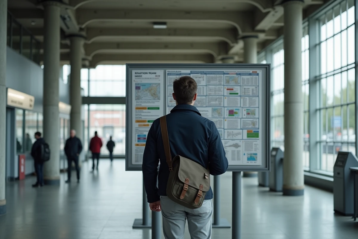 Voyageur consultant le tableau des horaires de la Ligne Express Régionale dans le hall d'une gare