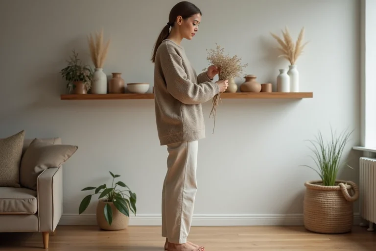 Femme arrangeant des vases en céramique dans un salon scandinave